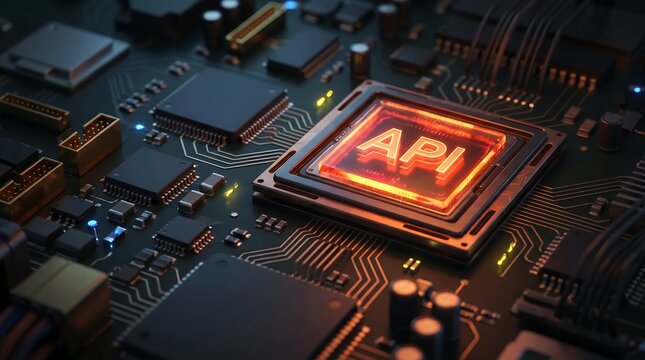 API Integration Technology Concept: Futuristic Digital Transformation and Data Connectivity on a Glowing Circuit Board for Advanced Software Development Solutions