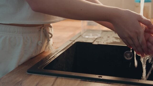 Hands washing under running water at sink, preparing for cooking attentive parent rubs palms and fingers over black basin, splashes on wooden counter and jar nearby convey practical hygiene step