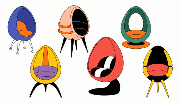 Very beautiful collection of futuristic egg-shaped lounge chairs featuring soft cushions, elegant silhouettes, and contemporary interior design aesthetics, isolated on a clean background.