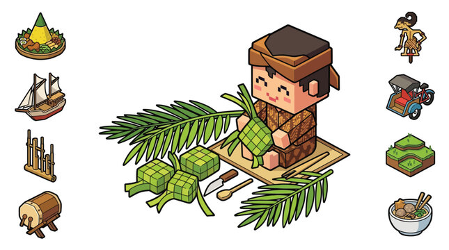 Isometric vector illustration set of Indonesian cultural icons in a pixel block style including a boy in batik making ketupat, tumpeng rice, pinisi ship, angklung, bedug, and wayang.
