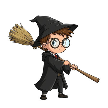 Cartoon illustration of a young wizard boy with glasses holding a broomstick isolated on transparent background