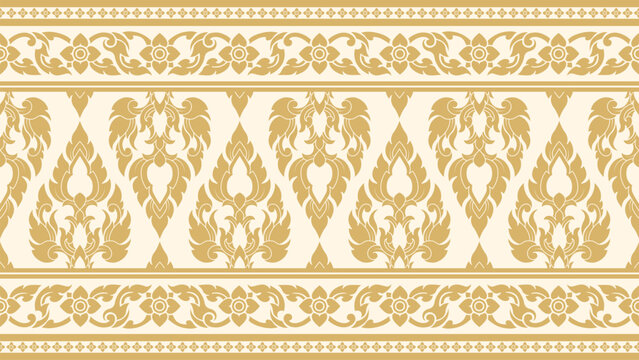 Classic Thai Floral Seamless Border Pattern Wallpaper with Luxury Gold Ornament Design for Textile Packaging and Branding