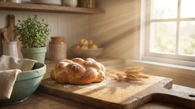 Rustic braided bread on wooden cutting board, fresh homemade challah in sunlit kitchen, artisanal bakery loaf with wheat stalks and morning light