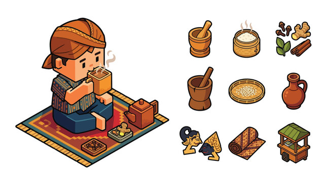 Isometric vector illustration of a cute blocky character in Javanese traditional attire drinking tea, featuring icons of wayang kulit, batik, spices, and an Indonesian street food cart.