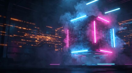 Fototapeta premium Futuristic Artificial Intelligence background showcasing a neon glowing data cube, ideal for digital transformation, big data, and cybersecurity concepts.