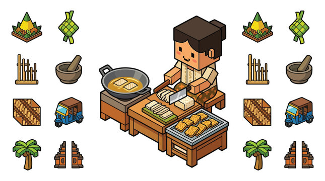 Isometric Indonesian culture vector icon set in voxel style featuring a woman cooking traditional food, tumpeng rice, ketupat, batik, angklung, blue bajaj rickshaw, and temple gate.