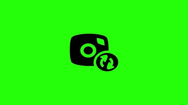 Professional 4K horizontal footage featuring a compact camera icon with rotation arrows sync symbol bouncing. Perfect popup asset displaying wireless data transfer backup cloud connection topics.