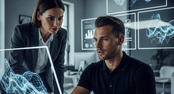 Business Professionals Collaborate On Data Analysis And Visualizations In Modern Office