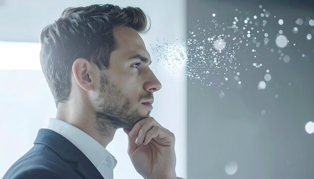 Thinking Businessman Surrounded By Soft Digital Particles