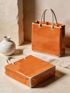 Vibrant tangerine orange glazed handbag collection with silky orange satin bow ornaments, diversified display forms: stacked two-bag group, upright front tote shot, soft drawstring pouch style bag, sl
