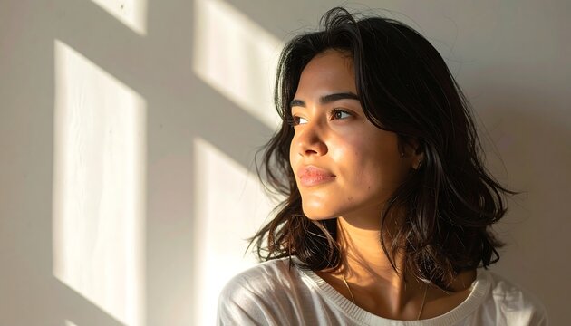 Peaceful Female Staring Through Window In Clean Interior