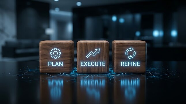 Three wooden blocks displaying plan execute refine strategy concepts with glowing neon icons on digital reflective office desk.