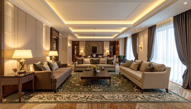Luxurious Living Room Interior with Elegant Furnishings and Lighting.