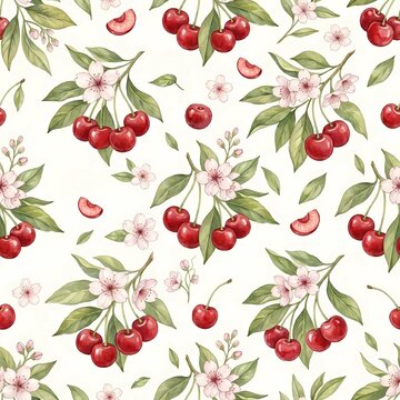 Watercolor cherry seamless pattern. Seamless texture with ripe red cherries, cherry blossom branches and green leaves on white background. Summer berry repeating design.