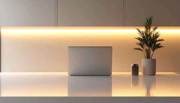Clean Neutral Workspace Displaying Glowing Computer Screen