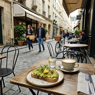 Paris Street Cafe Breakfast with Avocado Toast and Latte