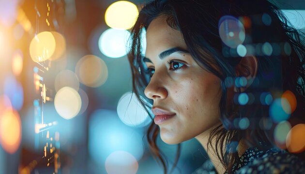 Calm Female Employee Using Subtle Virtual Information Screen