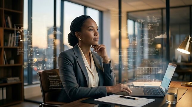 Professional Woman Working With Faint Digital Data Layer