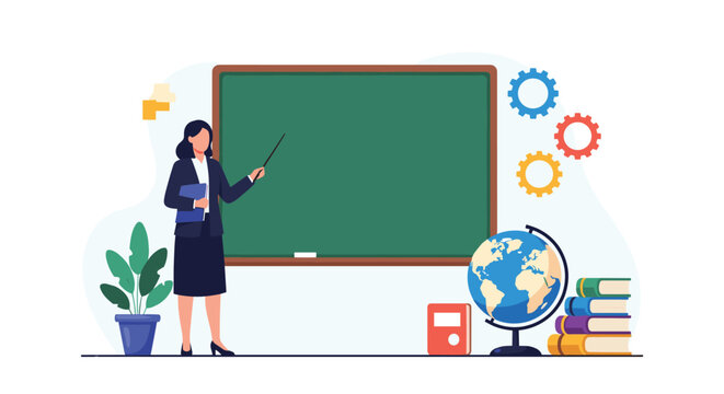 Professional female teacher holding a pointer and books standing next to a large blank chalkboard in a classroom setting.