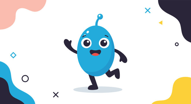 Cheerful blue oval monster character waving and dancing in a colorful abstract frame with geometric shapes.