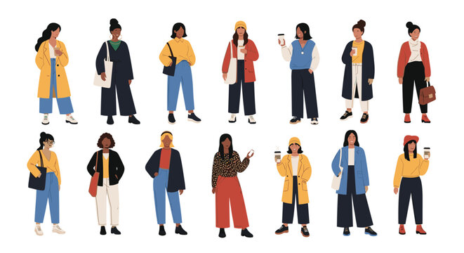 Diverse group of fourteen fashionable women in various autumn and winter outfits holding coffee cups and bags.