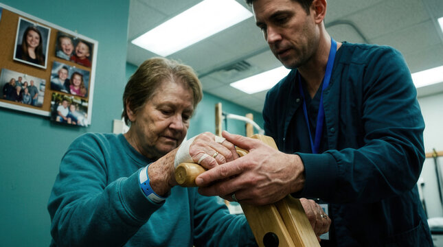 Elderly Patient Receives Assistance During Physical Therapy Session Inside Clinic