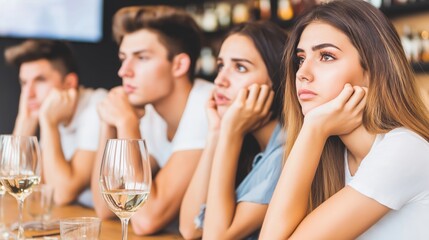 Fototapeta premium Four young adults sit at a bar counter, deeply focused on their conversation late at night while holding glasses of white wine