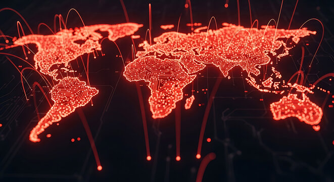 Digital red dot world map on black background