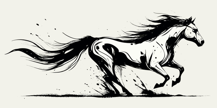 Galloping Horse Illustration Ink Wash Style With Splatter Effects