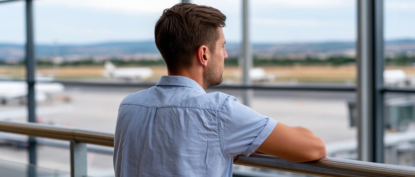 A man gazes thoughtfully out of an airport viewing area, reflecting on travel, adventures, and the journey ahead while waiting, capturing a sense of curiosity and anticipation.
