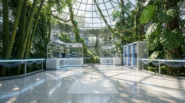 Futuristic ecofriendly research laboratory inside a glass greenhouse dome with lush tropical plants