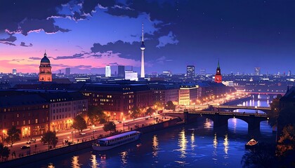 Fototapeta premium Cityscape at dusk with illuminated bridge.