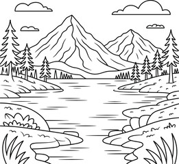 Fototapeta premium Mountain landscape with pine trees and river, coloring page line
