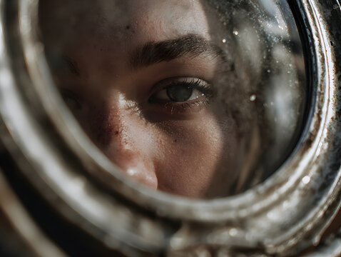 Close up human face eye reflection glass metal circular frame natural light contemplative mood detail texture emotion introspective focus skin brow eyelashes realistic artistic macro portrait