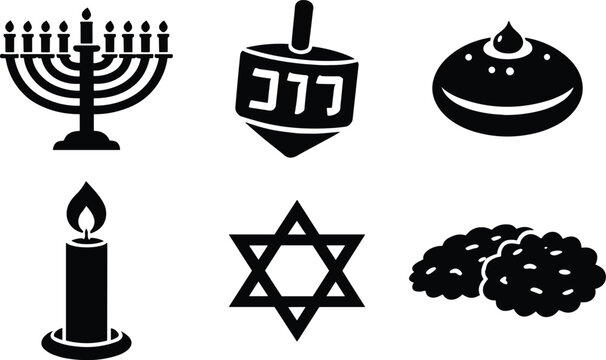 Hanukkah symbols including menorah, dreidel, and food, jewish holiday