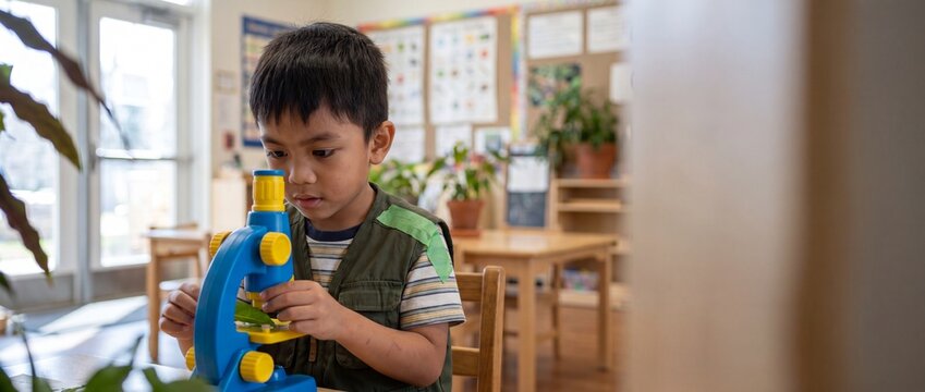 Asian boy using toy microscope to study a green leaf in a bright classroom, exploring science with curiosity and focused concentration, early childhood STEM education, active curious learning concept.