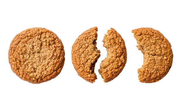 Crunchy oat cookies one whole, one broken in half
