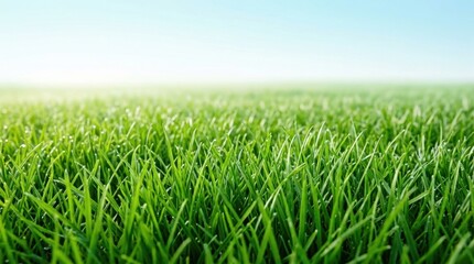 Fototapeta premium Vibrant Green Grass Field with Sparkling Morning Dew Drops Under a Clear Blue Sky. Fresh Natural Background for Growth, Purity, and Environmental Concepts. Ample Copy Space.