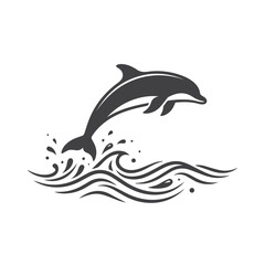 Naklejka premium Stylized dolphin leaping over ocean waves graphic with sea spray, nature inspire