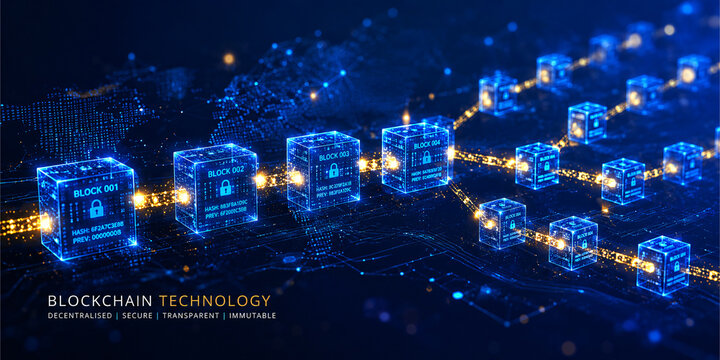 Blockchain distributed ledger network abstract with glowing connected cube blocks and golden transaction streams on dark indigo background, cryptocurrency fintech concept