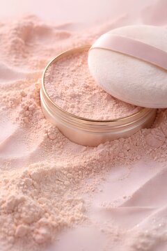 Open round container of delicate light pink loose setting powder featuring a soft plush applicator puff resting elegantly on a smooth pastel peach satin fabric background