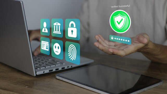 process performed by a man logging in securely using a laptop, showing verification status, password, fingerprint, face ID, padlock, bank, and user icons for cyber security data protection