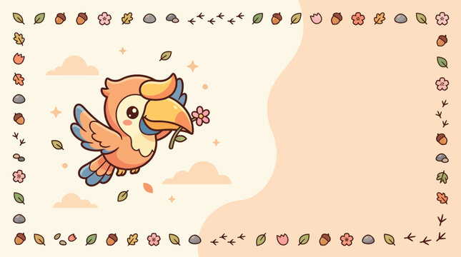 Cute chibi flat vector illustration of a cartoon bird flying while holding a flower in its beak, framed by a decorative border of autumn leaves, acorns, and footprints on a warm background.