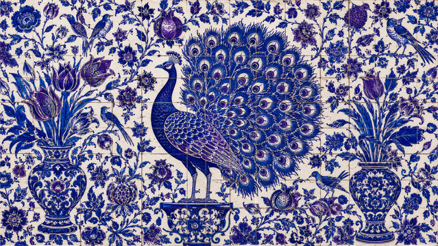 Traditional Dutch Delftware Peacock Art Print, Flat Blue and White Ceramic Painting for Eclectic Historical Decor
