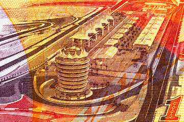Obraz premium Bahraini half dinar banknote featuring the Bahrain International Formula One racetrack. Bahraini money.