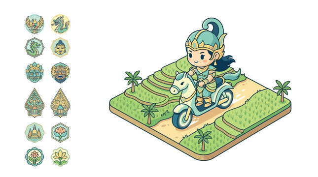 Isometric flat vector illustration of a cute chibi warrior riding a white horse-shaped motorcycle through green terraced rice fields, accompanied by traditional Indonesian cultural icons.