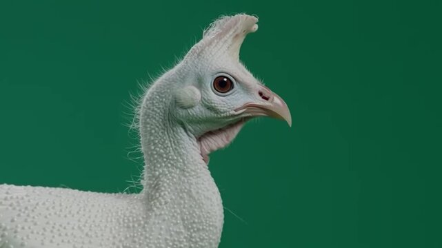 Closeup white bird on green background.