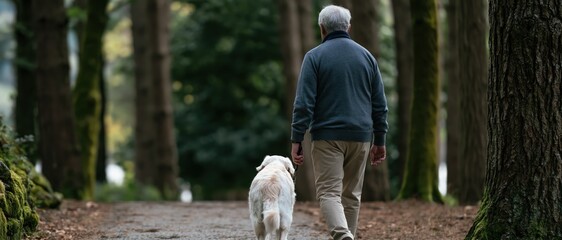 Obraz premium A senior man enjoys a tranquil walk with his golden retriever in a lush forest, emphasizing companionship, relaxation, and the joys of nature and pet ownership.