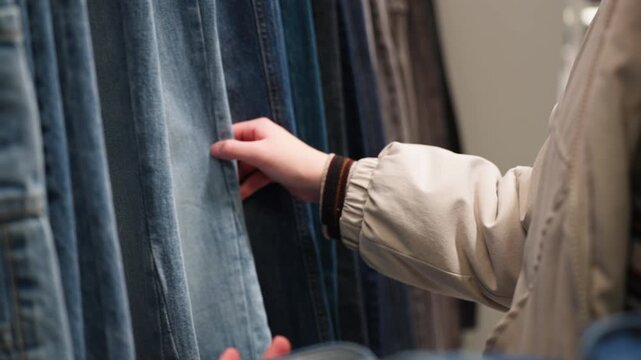 Close-up of teenage girl hands browsing denim jeans on clothing rack in fashion store, highlighting shopping choices, retail experience, and casual fashion selection.