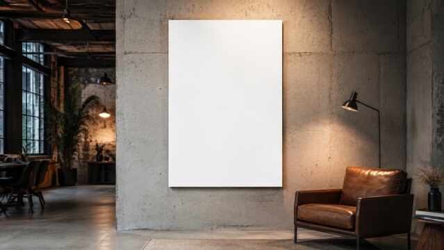 large vertical blank canvas mockup on concrete wall with brown leather armchair in moody industrial loft interior